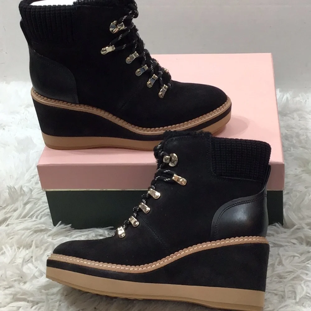 Kate Spade Black suede lamb fur Willow wedge heel Winter Boots with Tan Sole NIB